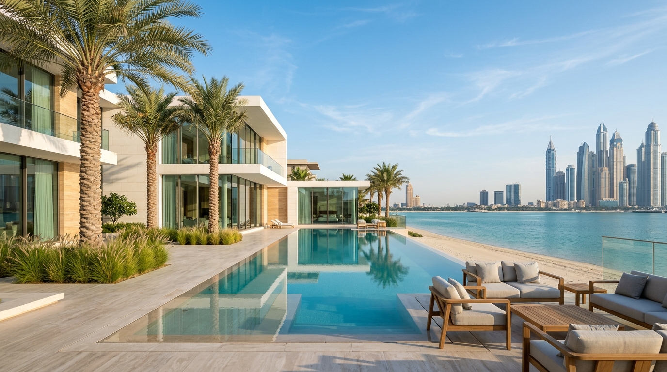 Ultra-luxury Palm Jumeirah waterfront villa with infinity pool overlooking Arabian Gulf and Dubai skyline